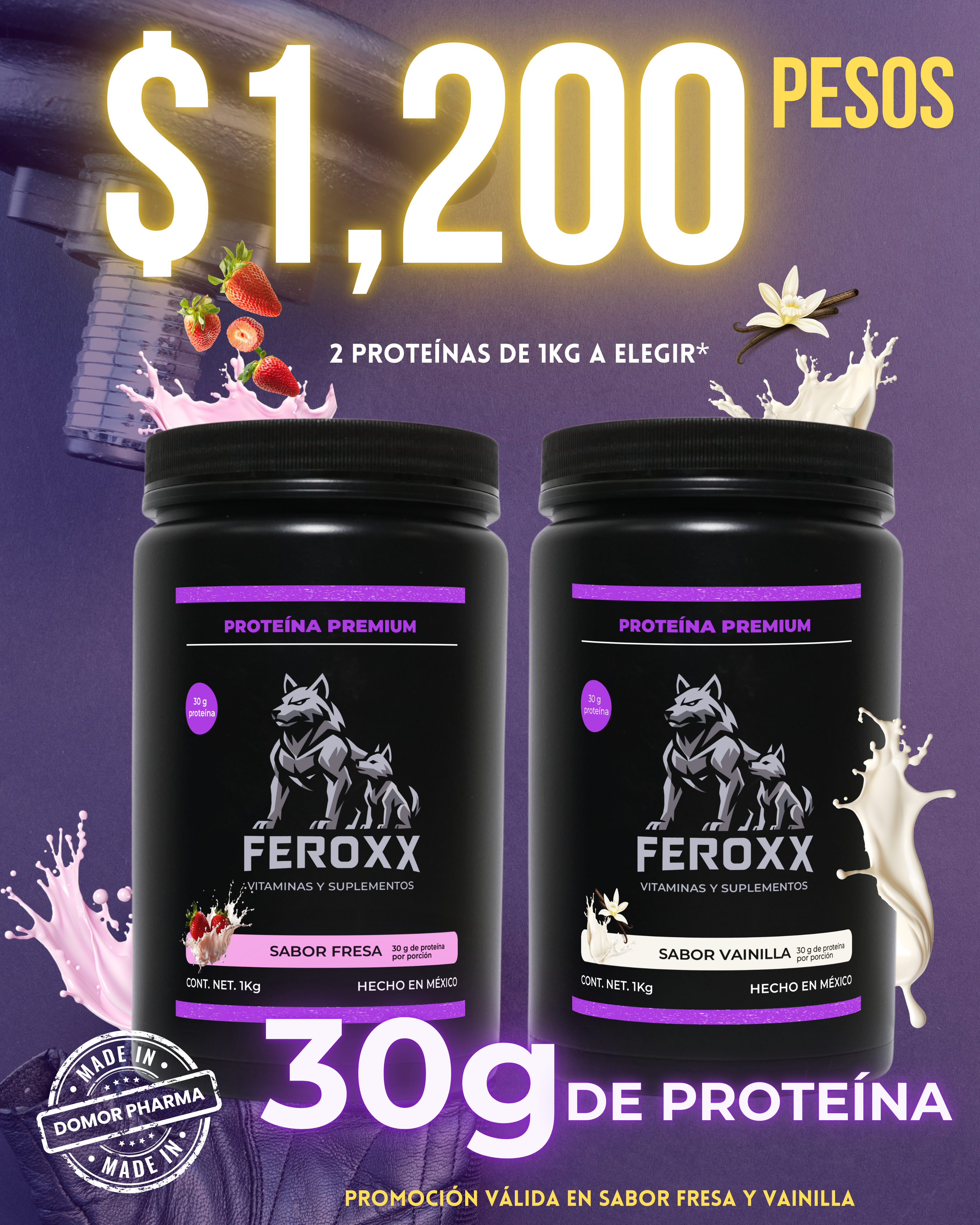 1 (2) Kit - 2 Proteínas Fresa y Vainilla de 1kg , 30g de proteína