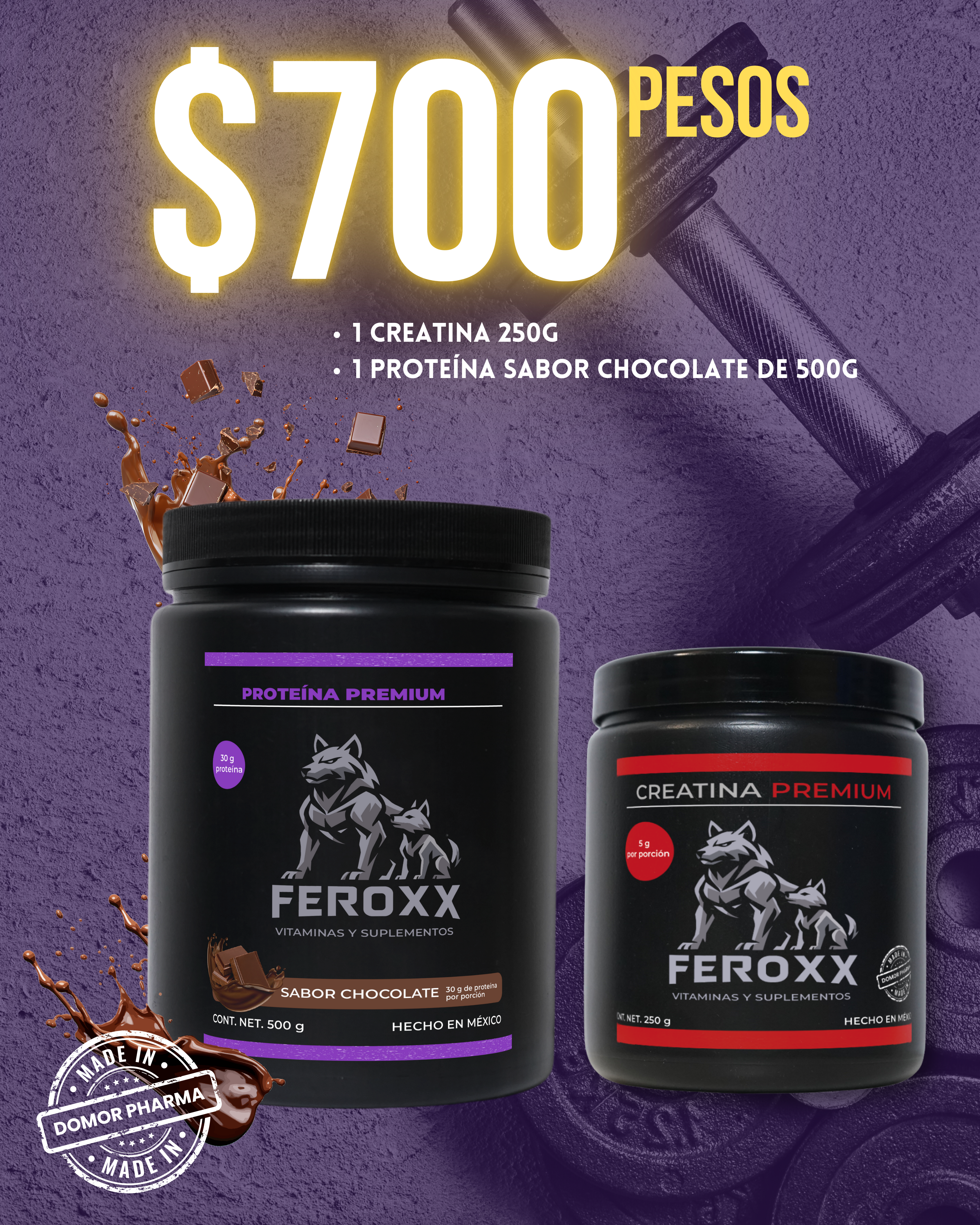2 (1) Kit - 1 Creatina 250g, 1 Proteína Sabor Chocolate 500g