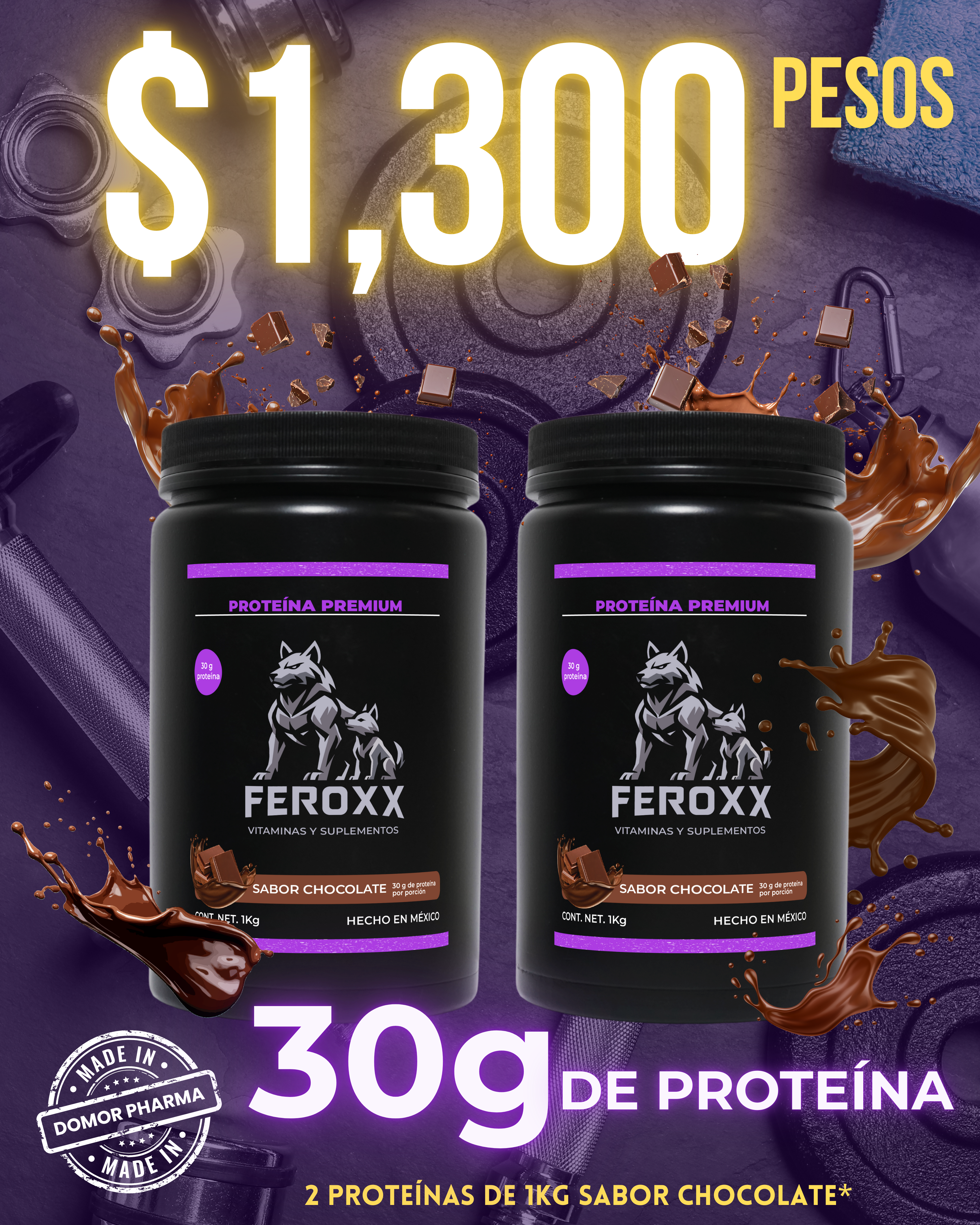 3 Kit 2 Proteínas de 1k sabor chocolate, 30g de Proteína