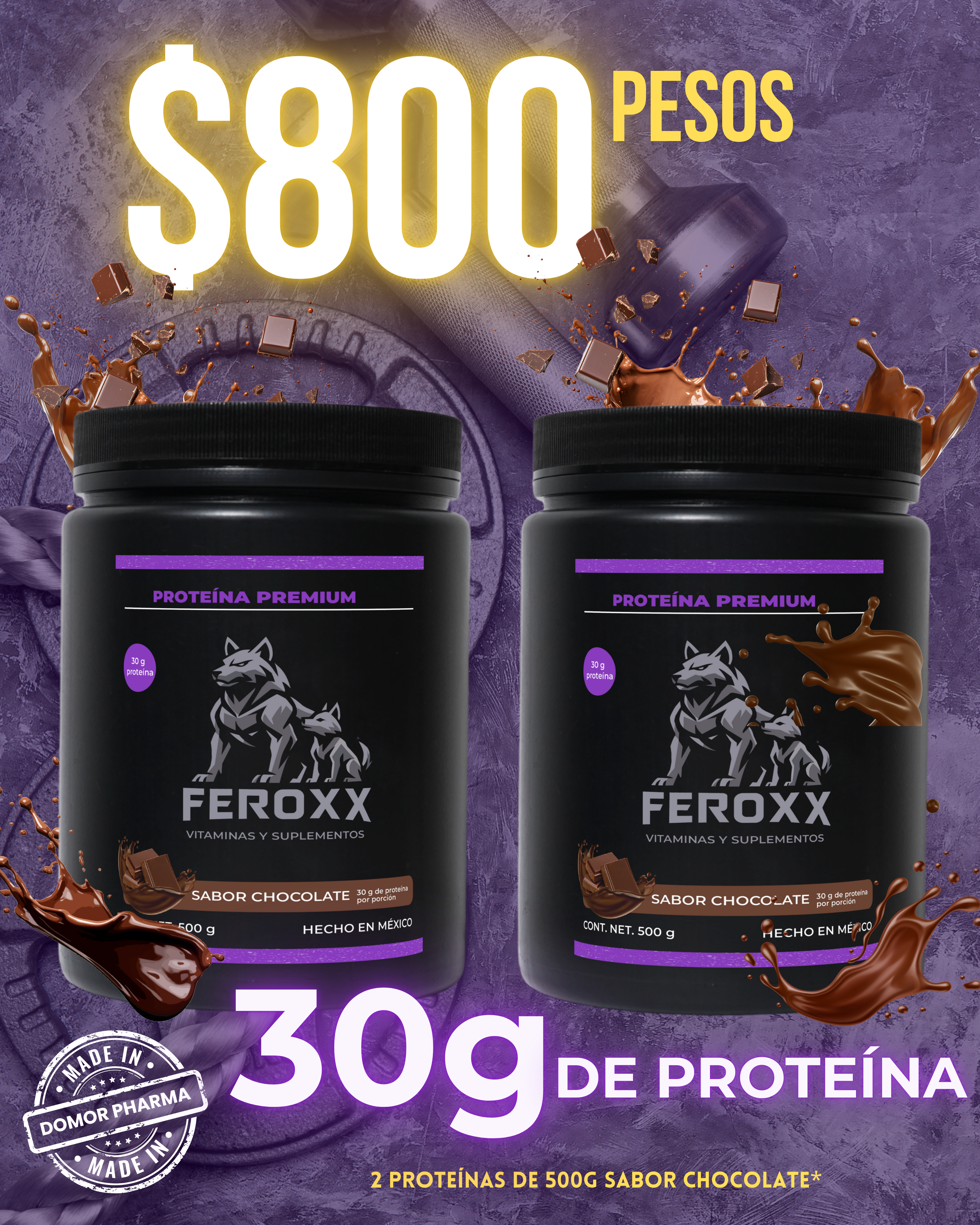 4 Kit 2 Proteínas de 500g, sabor chocolate, 30g de Proteína.